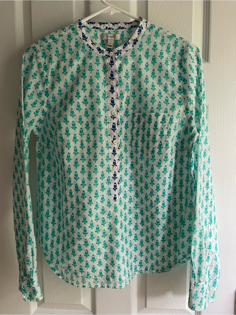 J. Crew Printed Cotton Popover Blouse Size 4 Blue Turquoise EUC